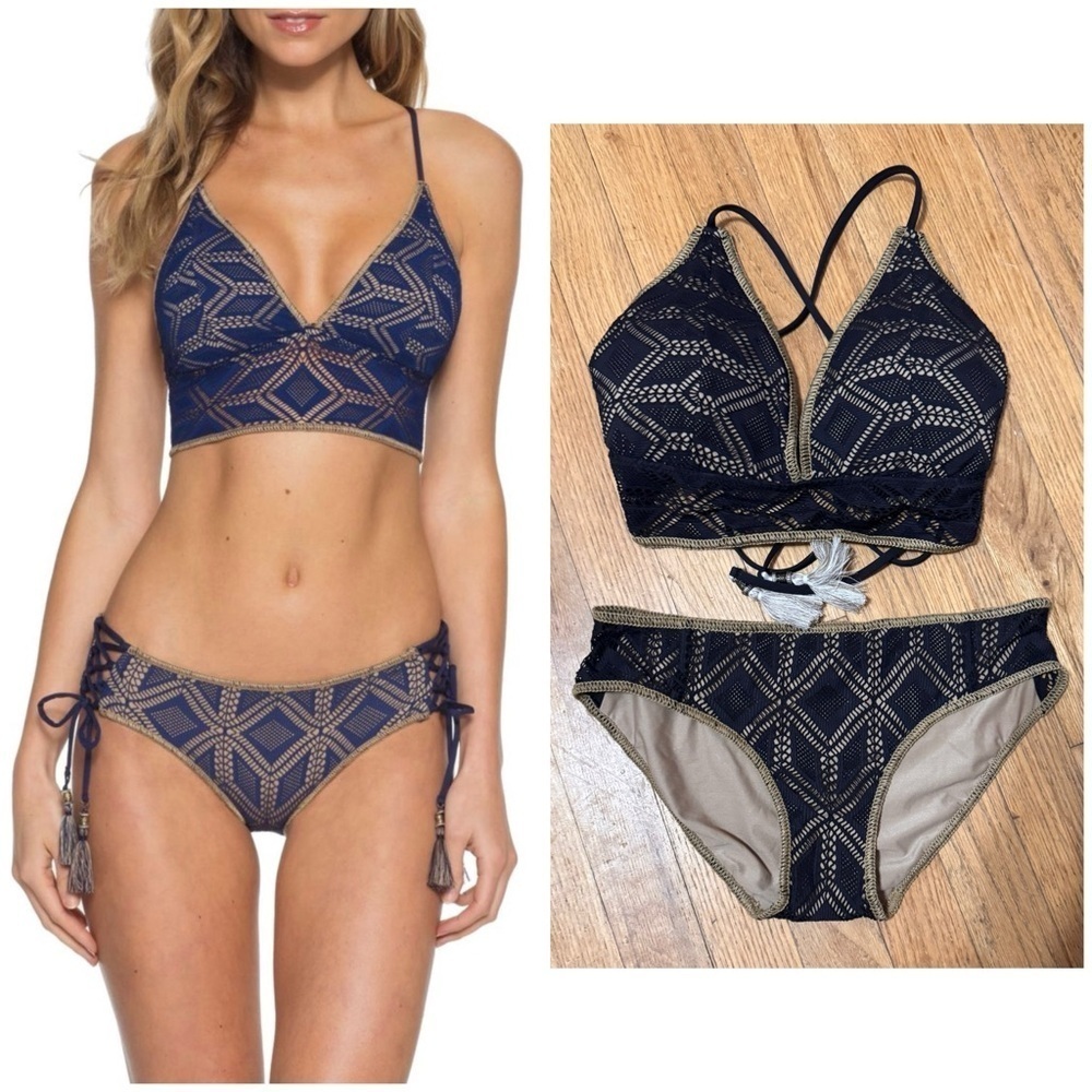 Весса Wanderlust Halter Top (D) and Bikini Bottoms (S) in Black/Tan
